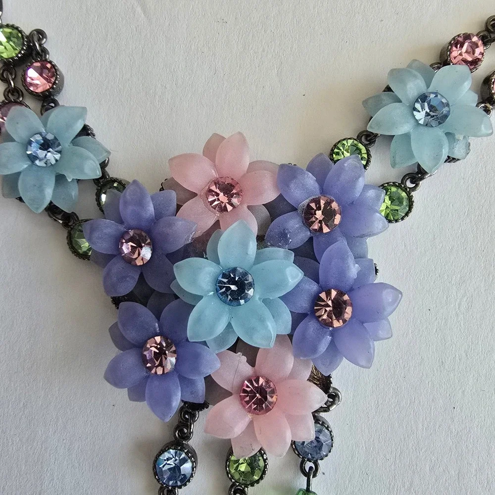 Floral Bib Necklace Earring Set Pastel Resin Flowers Gunmetal Rhinestone Jewelry